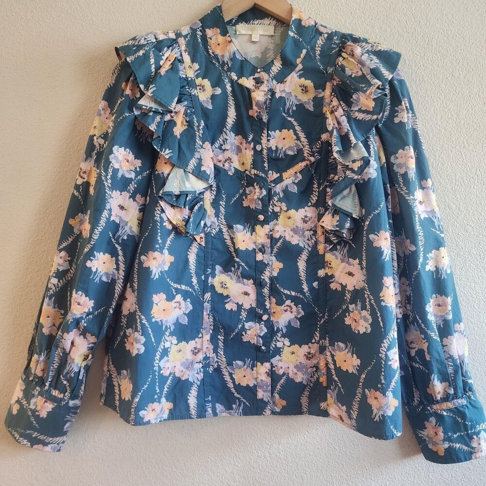 LoveShackFancy Shirt Womens Small Ruffle Floral Button Down Romantic Top Blouse